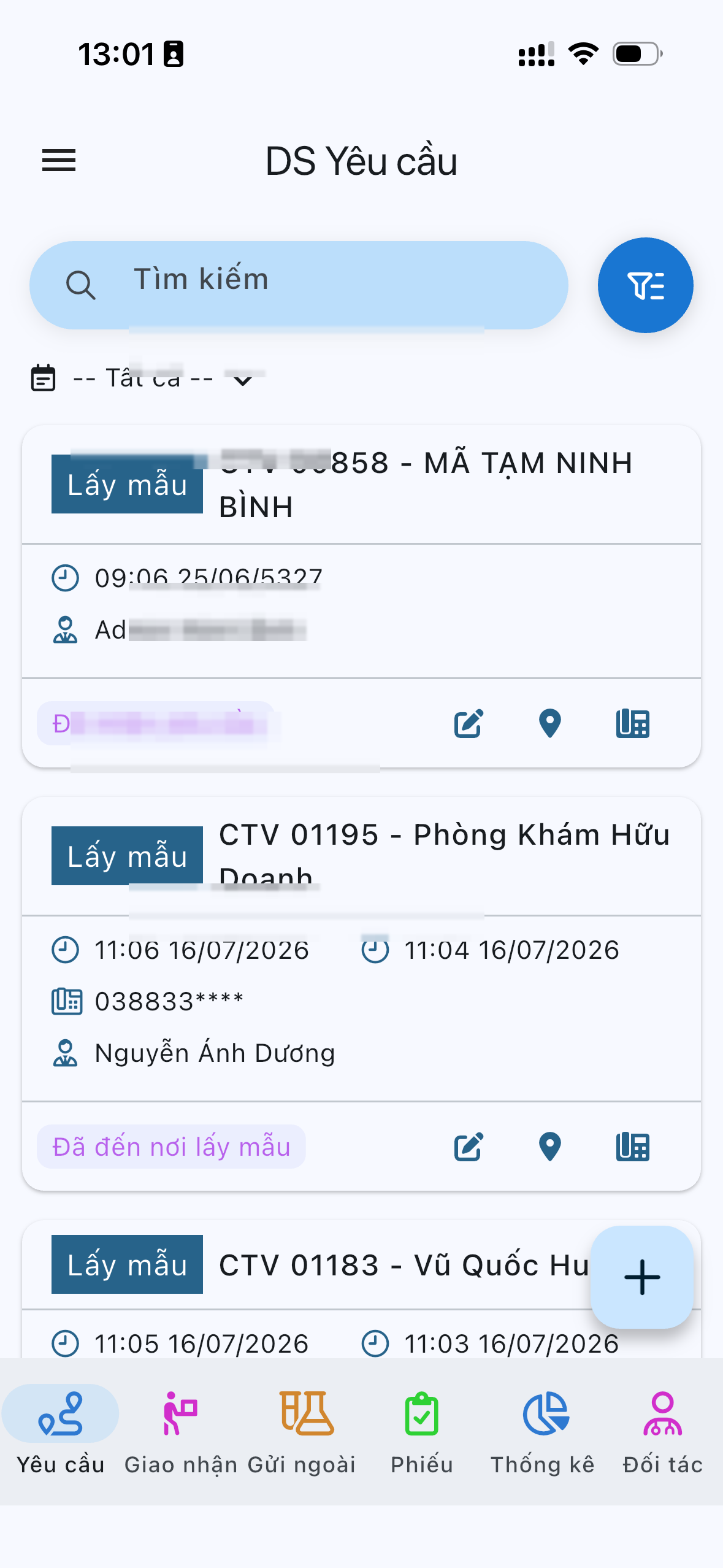 Danh sách yêu cầu trên ứng dụng PMR LIMS
