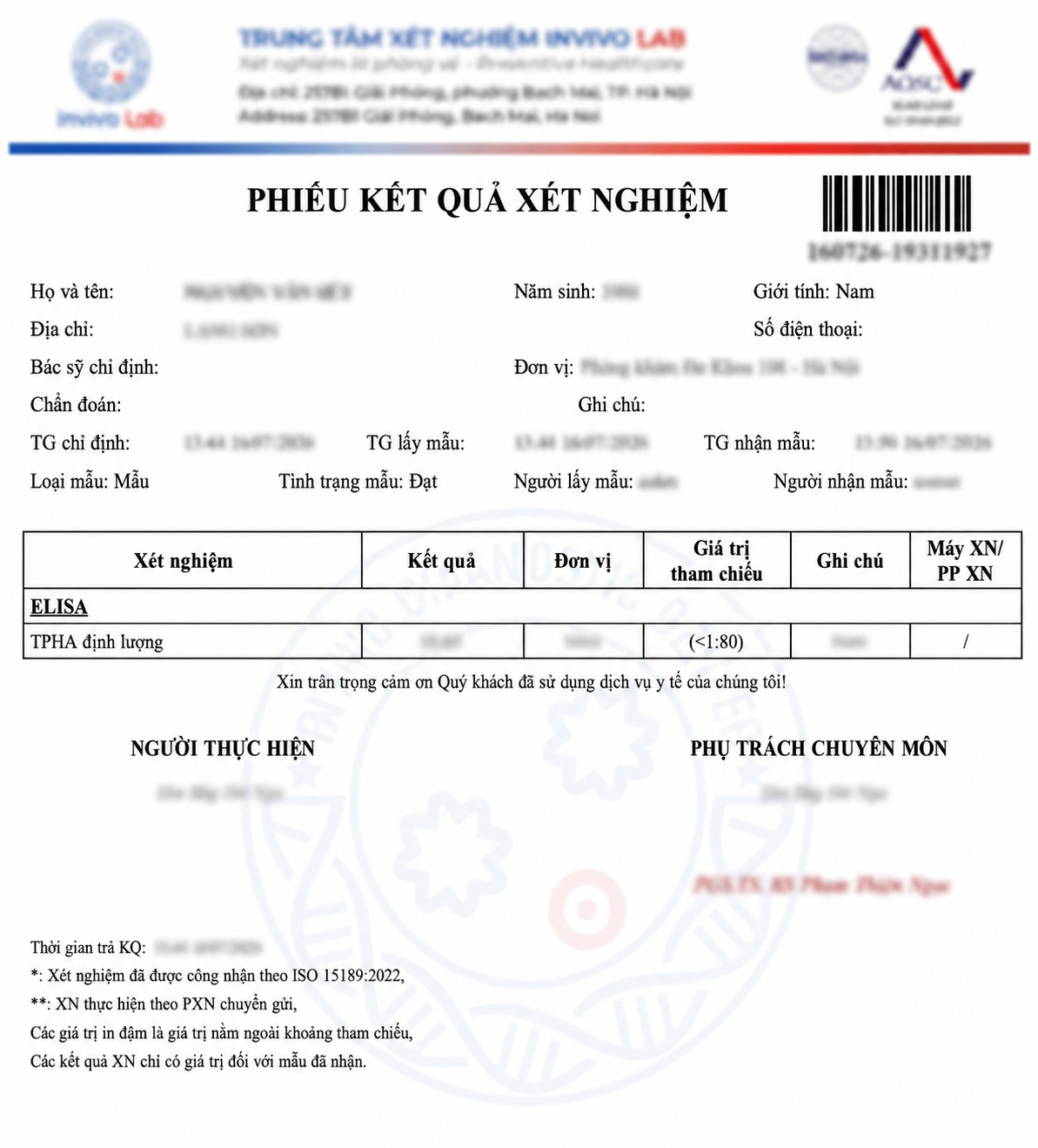 Phiếu kết quả xét nghiệm